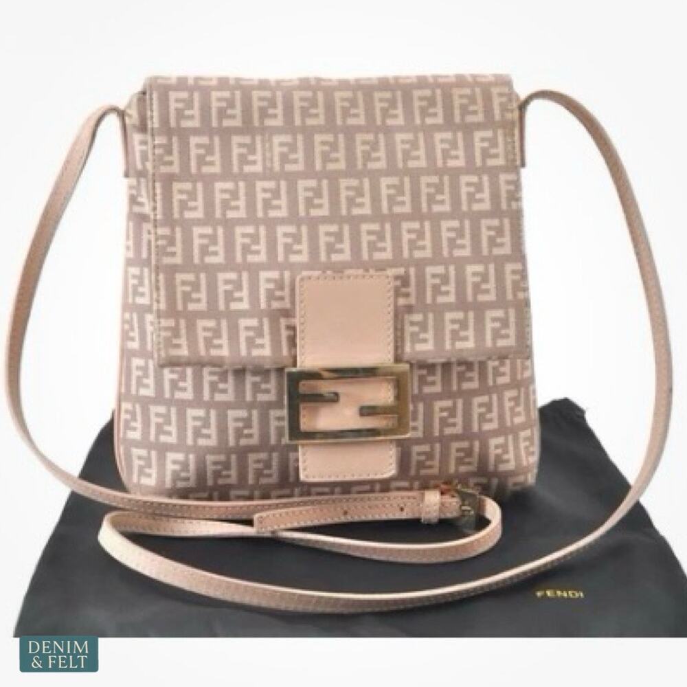 Fendi Zucchino Pink Canvas Crossbody Bag Beige FF Logo Leather Trim Purse - Picture 1 of 16